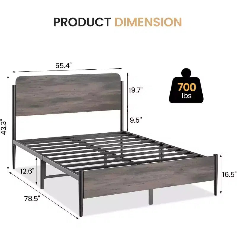 Struttura Letto Matrimoniale Queen Size, in Metallo con Testiera e Pediera in Legno Stile Vintage, Contenitore Sottoletto, Supporto a Doghe Robusto, Nessuna Rete a Molle, Noce