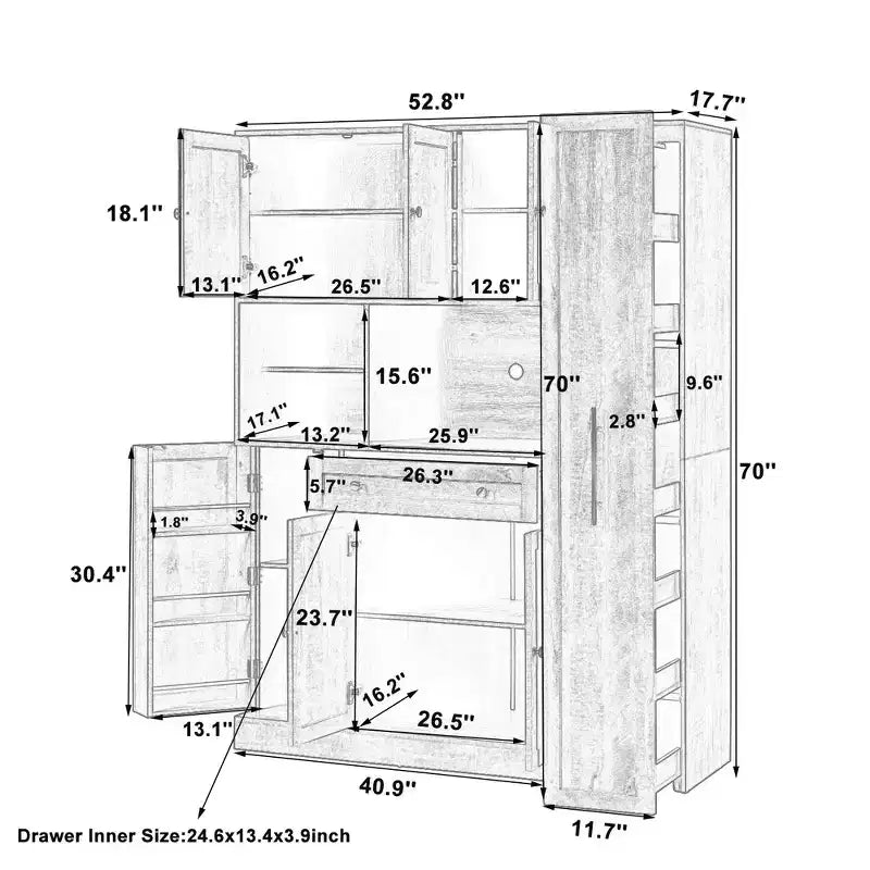 Credenza Whisen con vetrina, mobiletto estraibile e cassetto