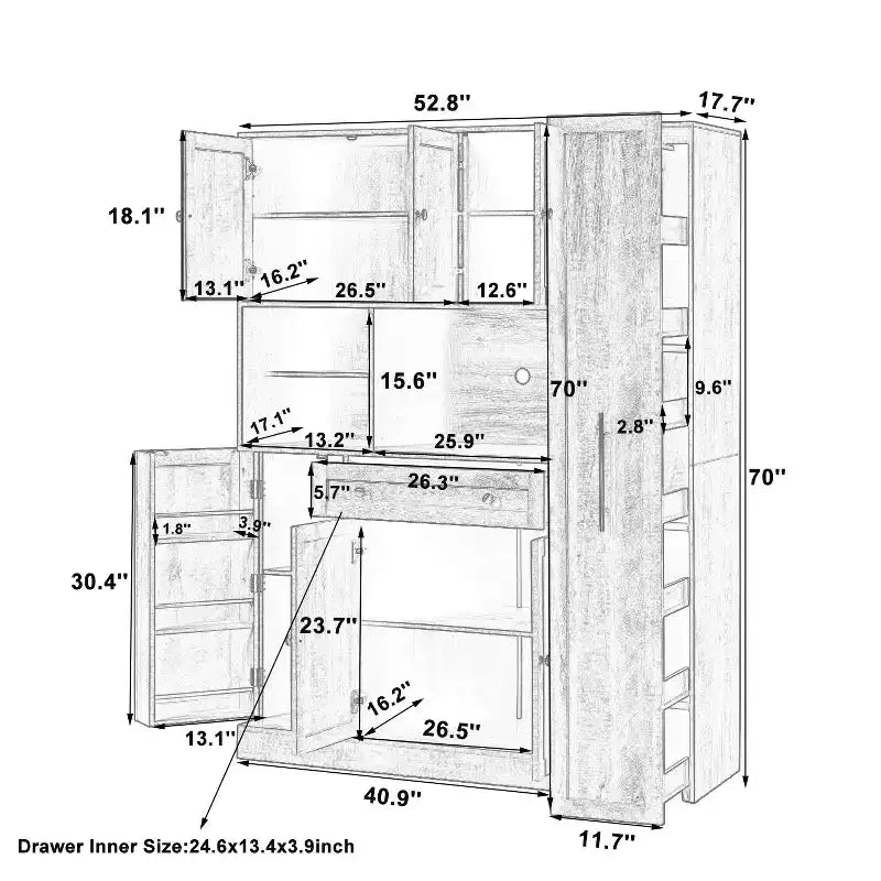 Credenza Whisen con vetrina, mobiletto estraibile e cassetto