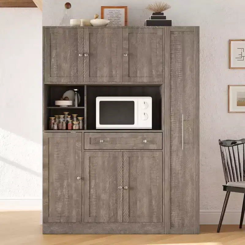 Credenza Whisen con vetrina, mobiletto estraibile e cassetto