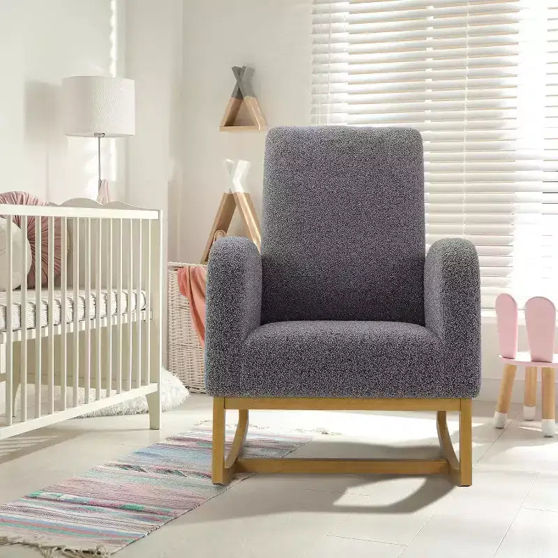Acekool High-Back Rocking Chair with Armrests, Modern Upholstered Rocker Chair for Nursery, White/Dark Gray/Light Gray