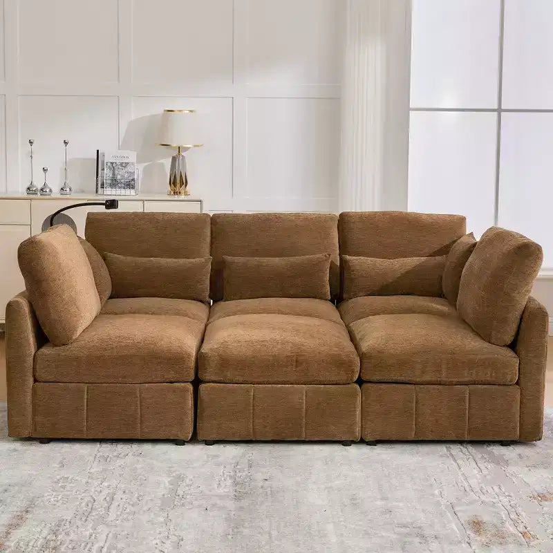 Divano in ciniglia multifunzionale Whisen con pouf modulare, porte USB e supporto per telefono