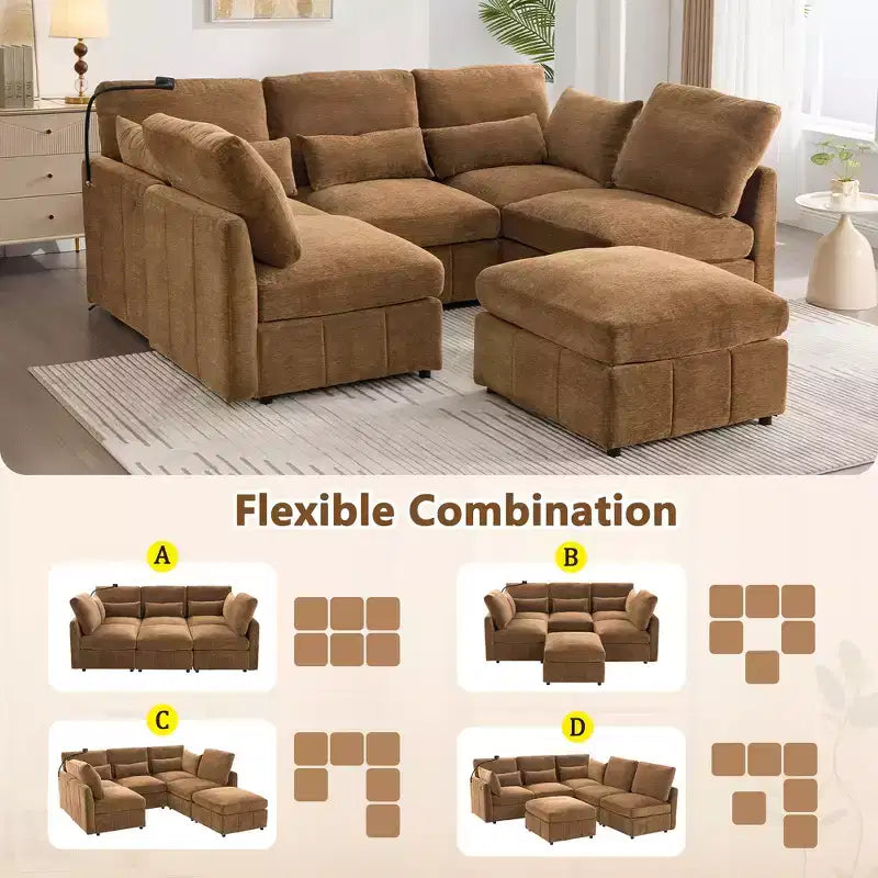 Divano in ciniglia multifunzionale Whisen con pouf modulare, porte USB e supporto per telefono