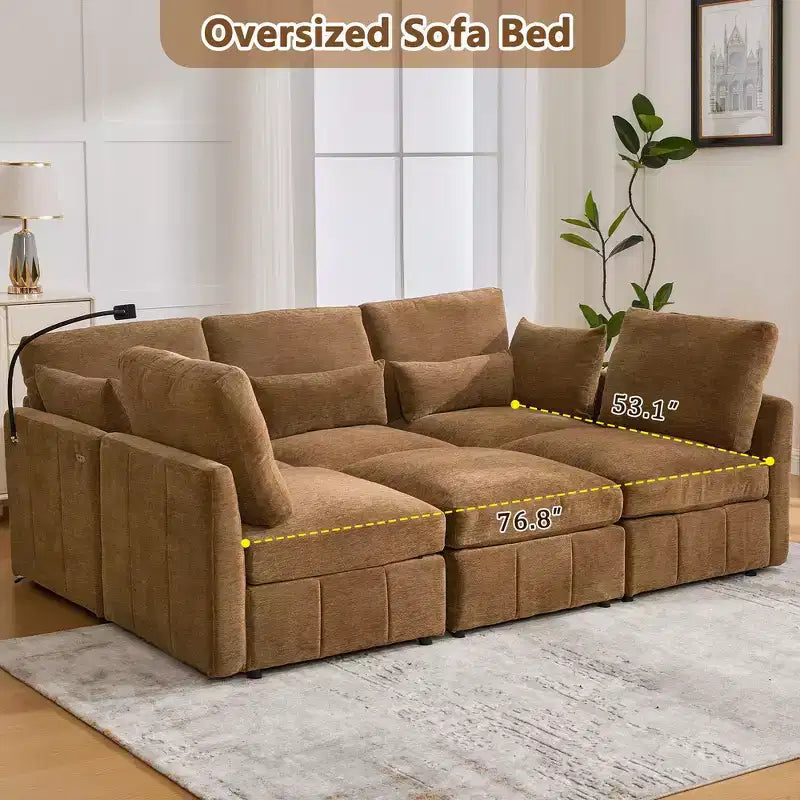 Divano in ciniglia multifunzionale Whisen con pouf modulare, porte USB e supporto per telefono