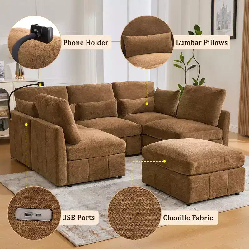 Divano in ciniglia multifunzionale Whisen con pouf modulare, porte USB e supporto per telefono