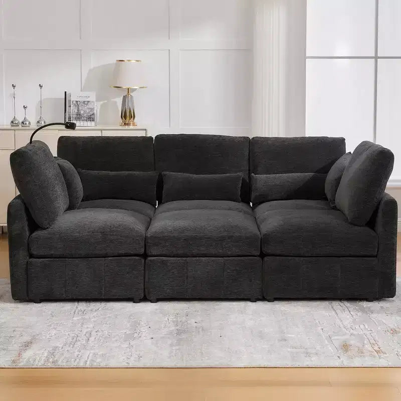 Divano in ciniglia multifunzionale Whisen con pouf modulare, porte USB e supporto per telefono