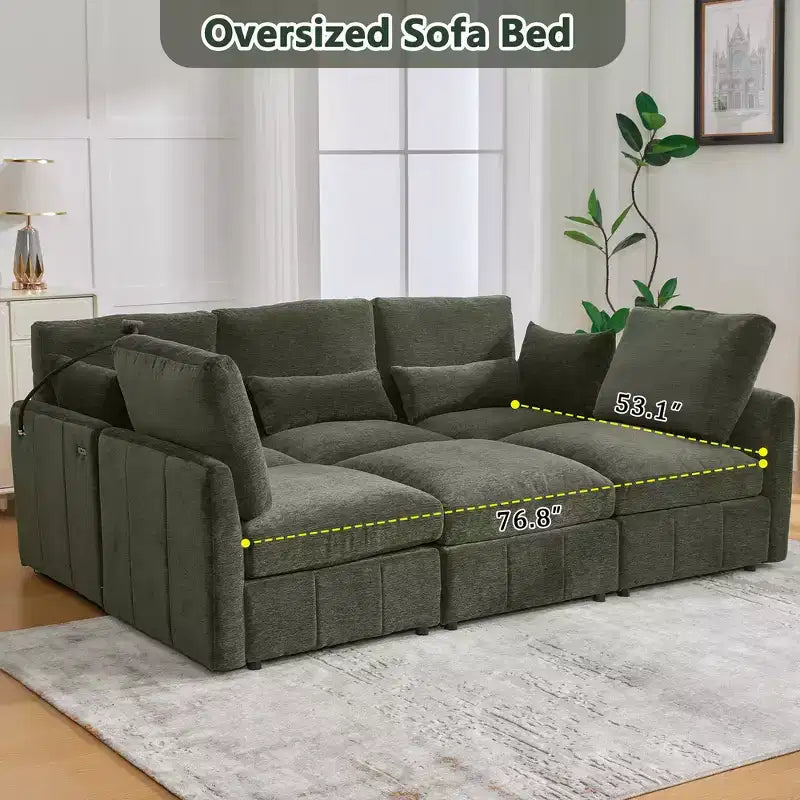 Divano in ciniglia multifunzionale Whisen con pouf modulare, porte USB e supporto per telefono