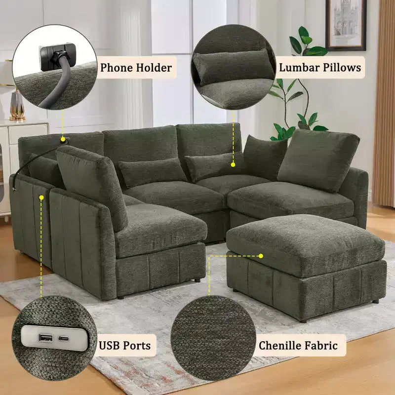 Divano in ciniglia multifunzionale Whisen con pouf modulare, porte USB e supporto per telefono