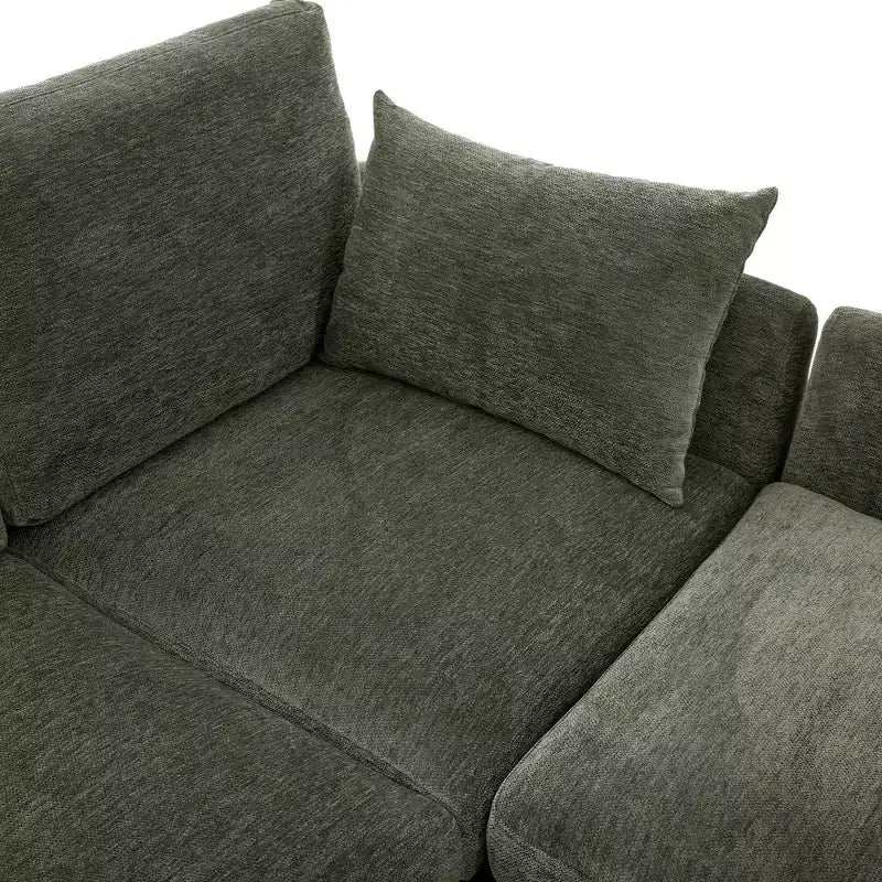Divano in ciniglia multifunzionale Whisen con pouf modulare, porte USB e supporto per telefono