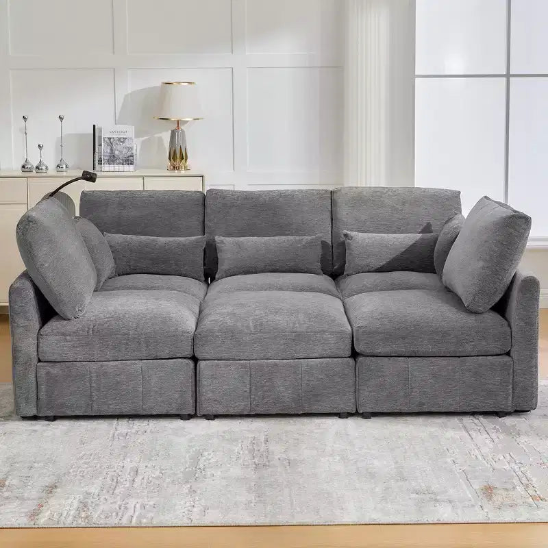 Divano in ciniglia multifunzionale Whisen con pouf modulare, porte USB e supporto per telefono