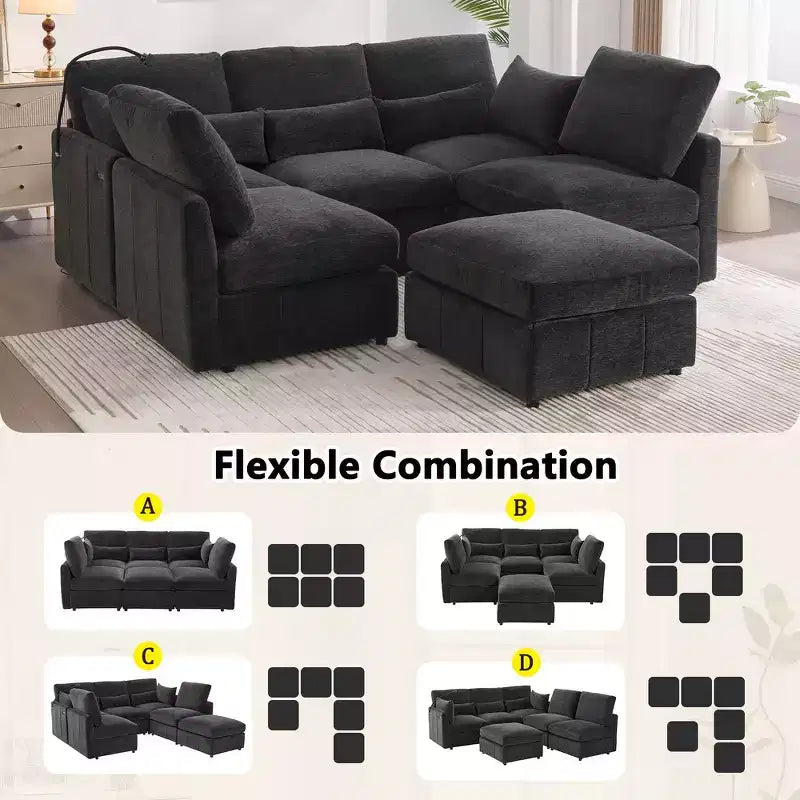 Divano in ciniglia multifunzionale Whisen con pouf modulare, porte USB e supporto per telefono