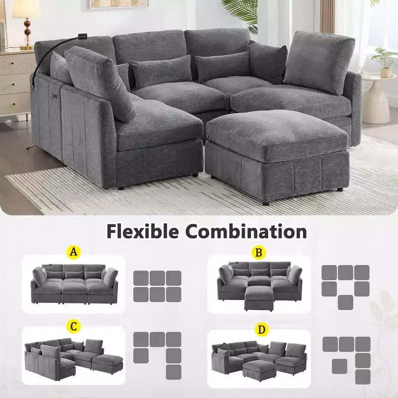 Divano in ciniglia multifunzionale Whisen con pouf modulare, porte USB e supporto per telefono
