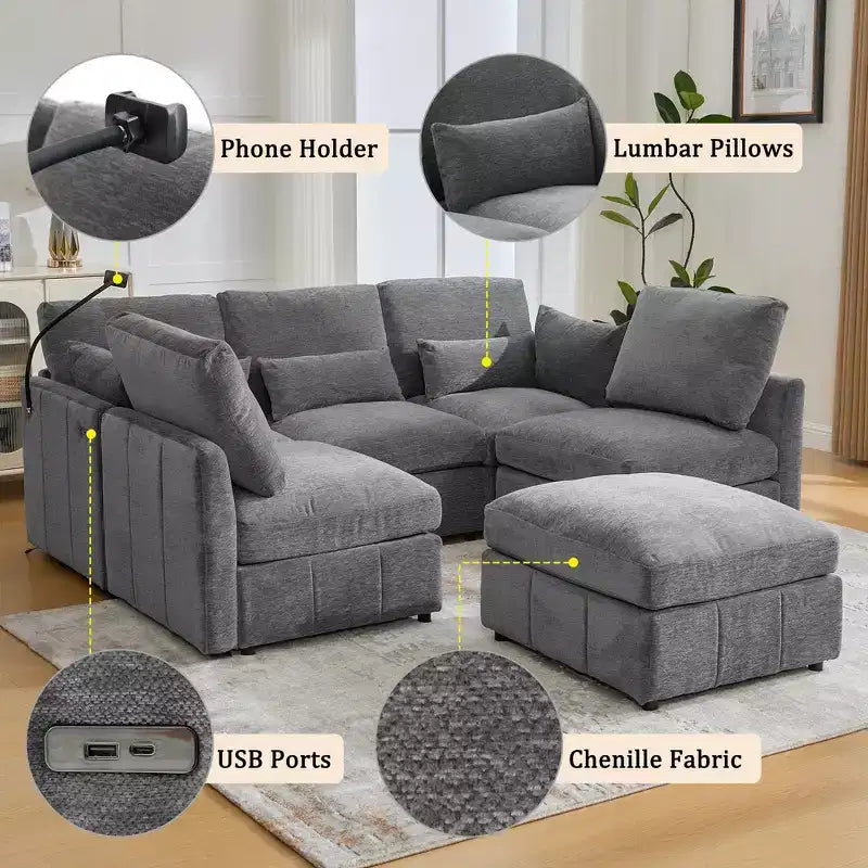 Divano in ciniglia multifunzionale Whisen con pouf modulare, porte USB e supporto per telefono