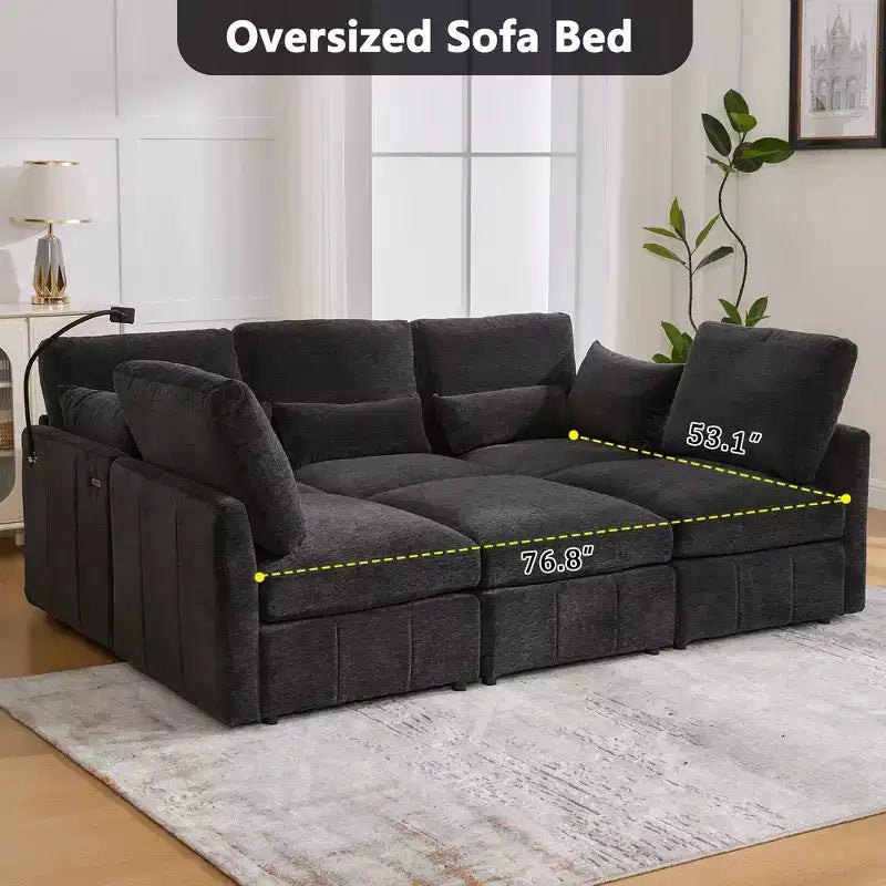 Divano in ciniglia multifunzionale Whisen con pouf modulare, porte USB e supporto per telefono
