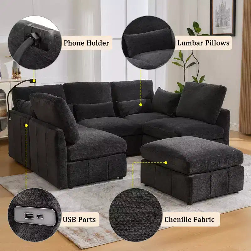 Divano in ciniglia multifunzionale Whisen con pouf modulare, porte USB e supporto per telefono