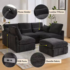 Divano in ciniglia multifunzionale Whisen con pouf modulare, porte USB e supporto per telefono