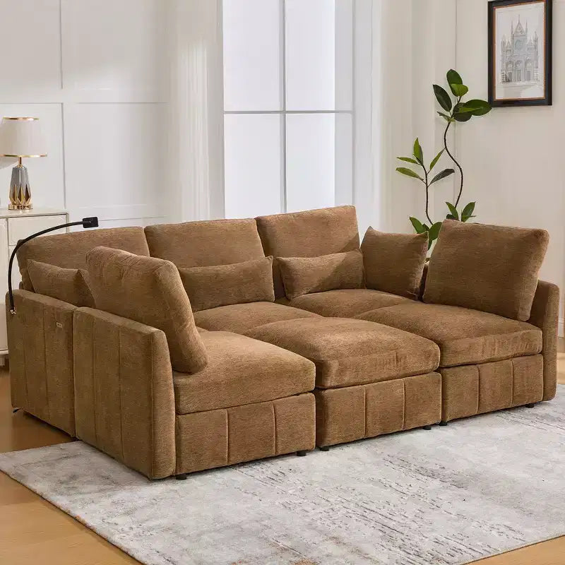 Divano in ciniglia multifunzionale Whisen con pouf modulare, porte USB e supporto per telefono