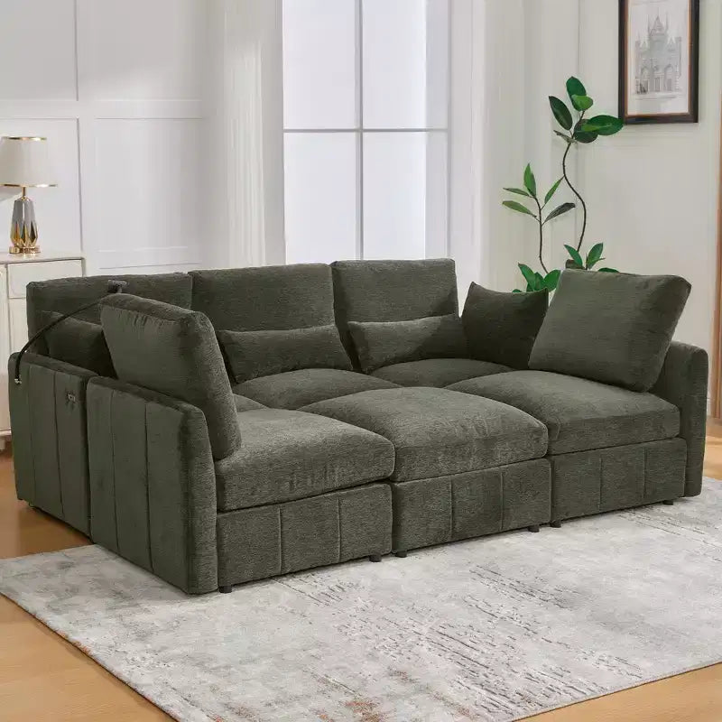 Divano in ciniglia multifunzionale Whisen con pouf modulare, porte USB e supporto per telefono