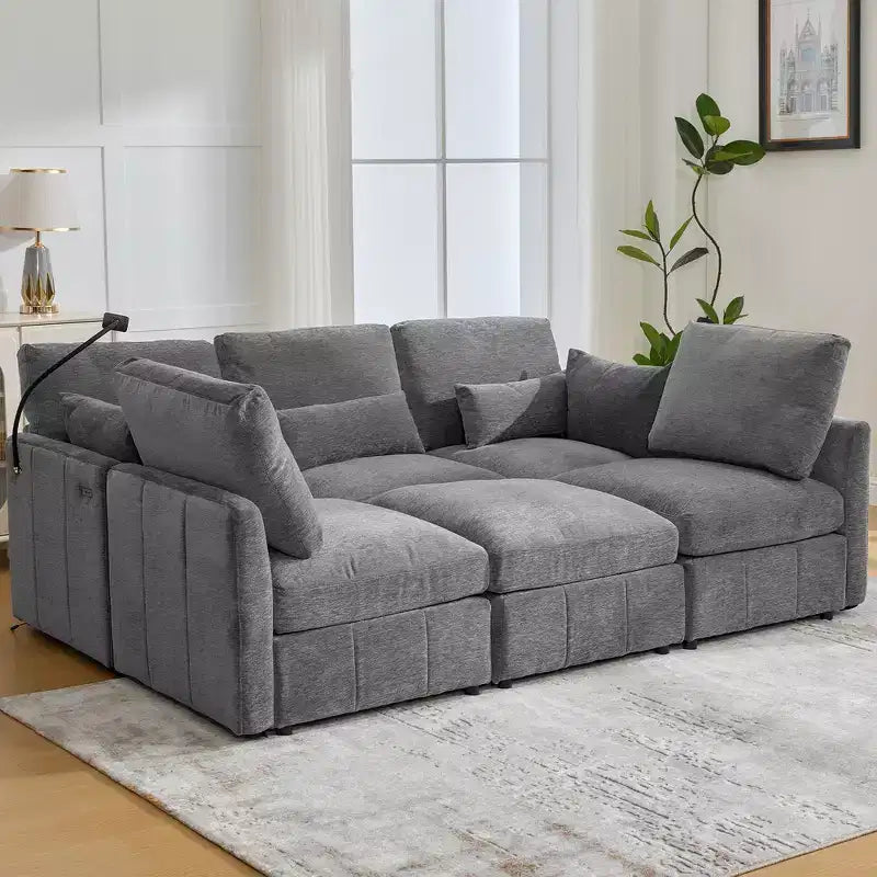 Divano in ciniglia multifunzionale Whisen con pouf modulare, porte USB e supporto per telefono