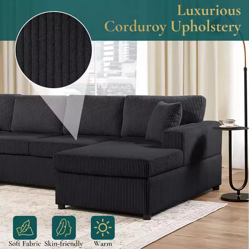 Divano sezionale Whisen Oversize in velluto a coste con penisola e tre morbidi cuscini decorativi