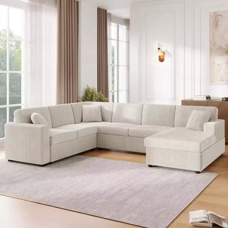 Divano sezionale Whisen Oversize in velluto a coste con penisola e tre morbidi cuscini decorativi