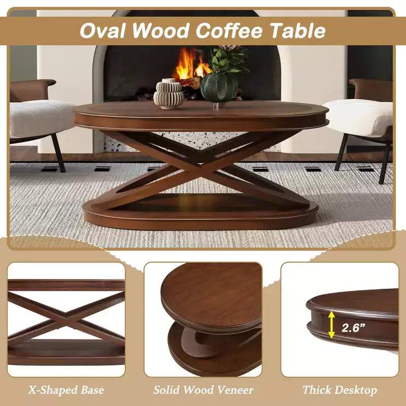 Tavolino da caffè in legno con base a X, tavolino da cocktail ovale da 44" con contenitore, tavolino da centro divano - ModernLuxe