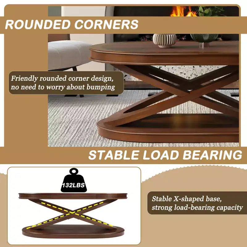 Tavolino da caffè in legno con base a X, tavolino da cocktail ovale da 44" con contenitore, tavolino da centro divano - ModernLuxe