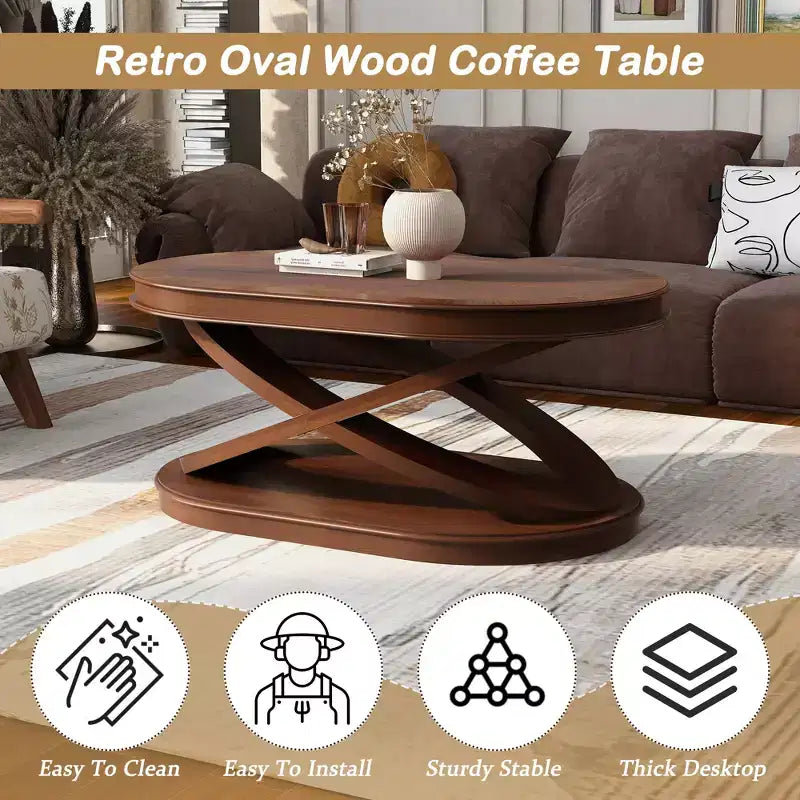 Tavolino da caffè in legno con base a X, tavolino da cocktail ovale da 44" con contenitore, tavolino da centro divano - ModernLuxe
