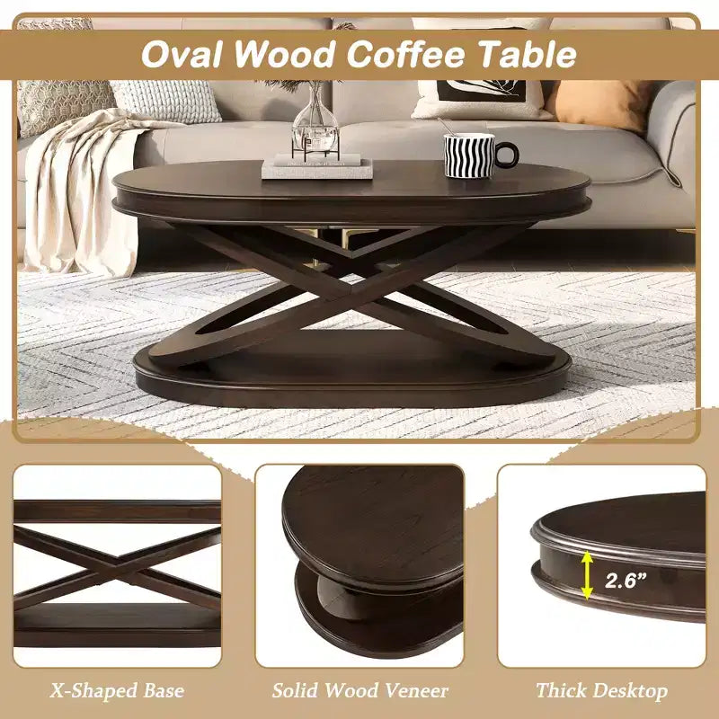 Tavolino da caffè in legno con base a X, tavolino da cocktail ovale da 44" con contenitore, tavolino da centro divano - ModernLuxe