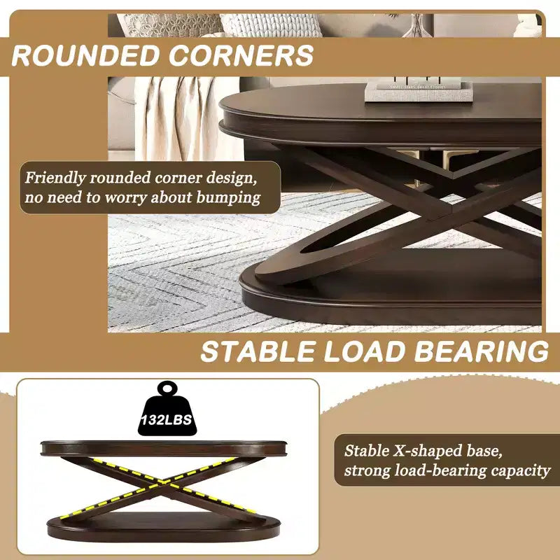 Tavolino da caffè in legno con base a X, tavolino da cocktail ovale da 44" con contenitore, tavolino da centro divano - ModernLuxe