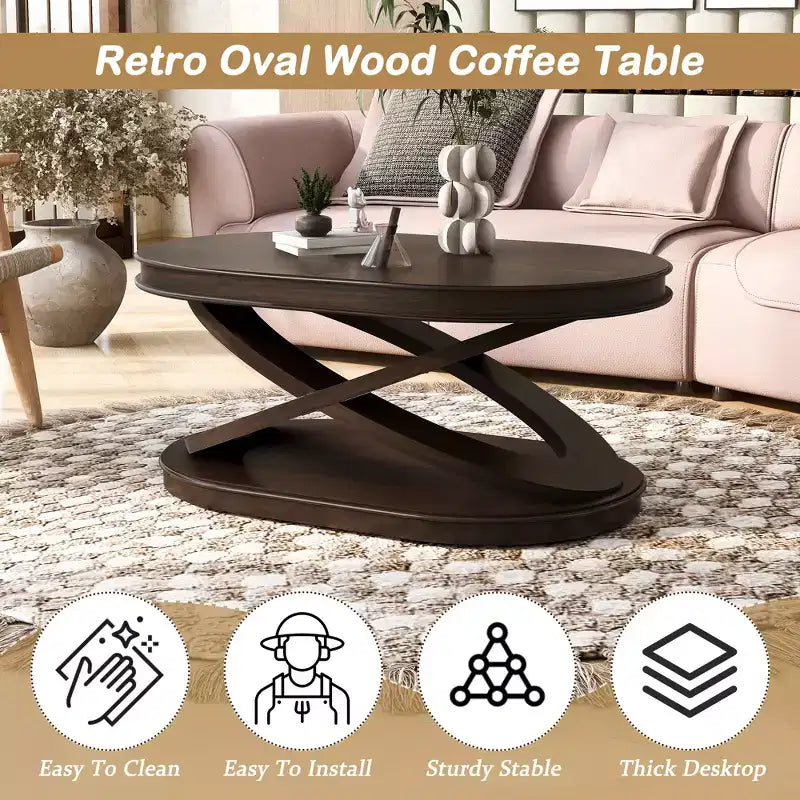 Tavolino da caffè in legno con base a X, tavolino da cocktail ovale da 44" con contenitore, tavolino da centro divano - ModernLuxe