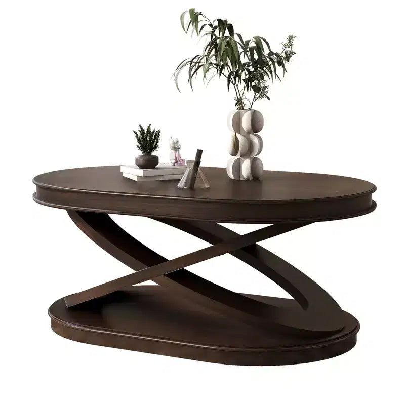 Tavolino da caffè in legno con base a X, tavolino da cocktail ovale da 44" con contenitore, tavolino da centro divano - ModernLuxe