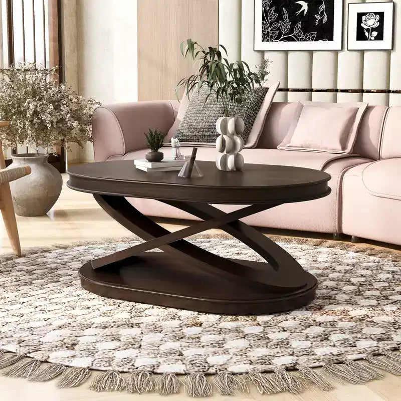 Wood Coffee Table with X-Shaped Base, 44'' Oval Cocktail Table with Storage, Sofa Center Table - ModernLuxe