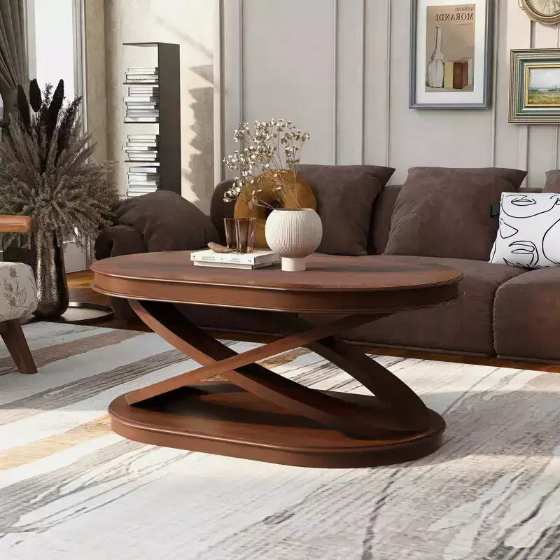 Tavolino da caffè in legno con base a X, tavolino da cocktail ovale da 44" con contenitore, tavolino da centro divano - ModernLuxe