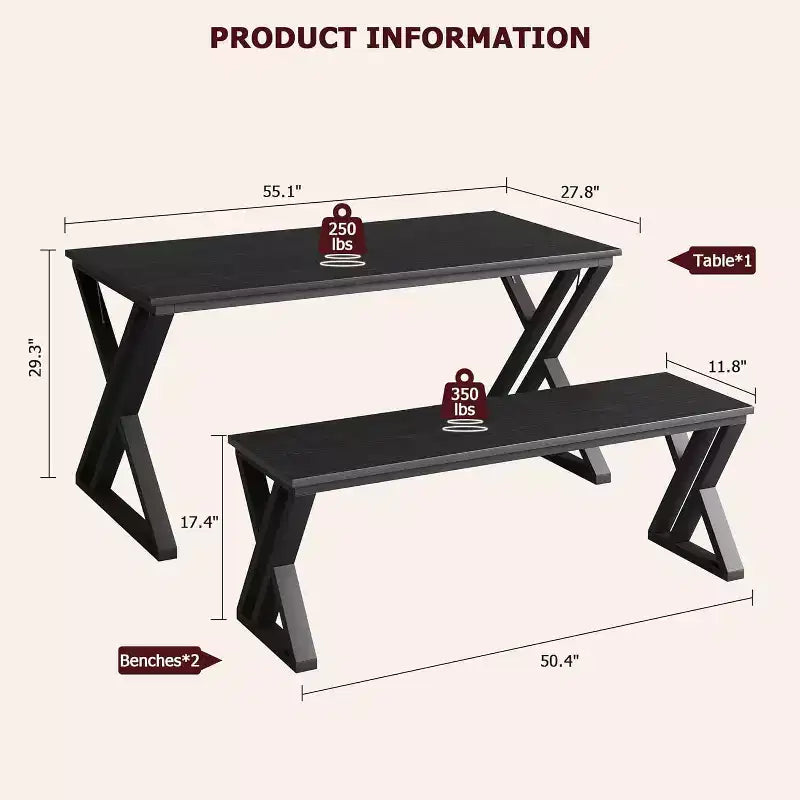 Set tavolo da pranzo e sedie MS PB a forma di X, 3 pezzi - Durevole, elegante, salvaspazio, facile da pulire, seduta confortevole