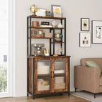 Scaffale da Panettiere con Mobiletto, Supporto per Microonde a 5 Livelli, Scaffale da Panettiere Verticale con Anta, Caffetteria Alta, Mobile Bar Marrone con Ganci, per Cucina