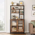 Scaffale da Panettiere con Mobiletto, Supporto per Microonde a 5 Livelli, Scaffale da Panettiere Verticale con Anta, Caffetteria Alta, Mobile Bar Marrone con Ganci, per Cucina