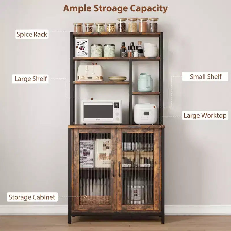 Scaffale da Panettiere con Mobiletto, Supporto per Microonde a 5 Livelli, Scaffale da Panettiere Verticale con Anta, Caffetteria Alta, Mobile Bar Marrone con Ganci, per Cucina