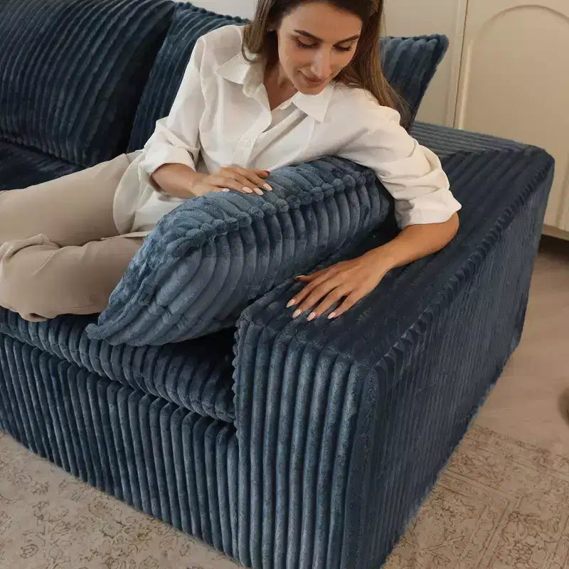 157.6 Divano Blue Cloud in Tessuto a Coste con Sedute Profonde e 1 Pouf, Design a Doppio Strato con Cuscino Rimovibile Combinazione Fai da Te Senza Montaggio