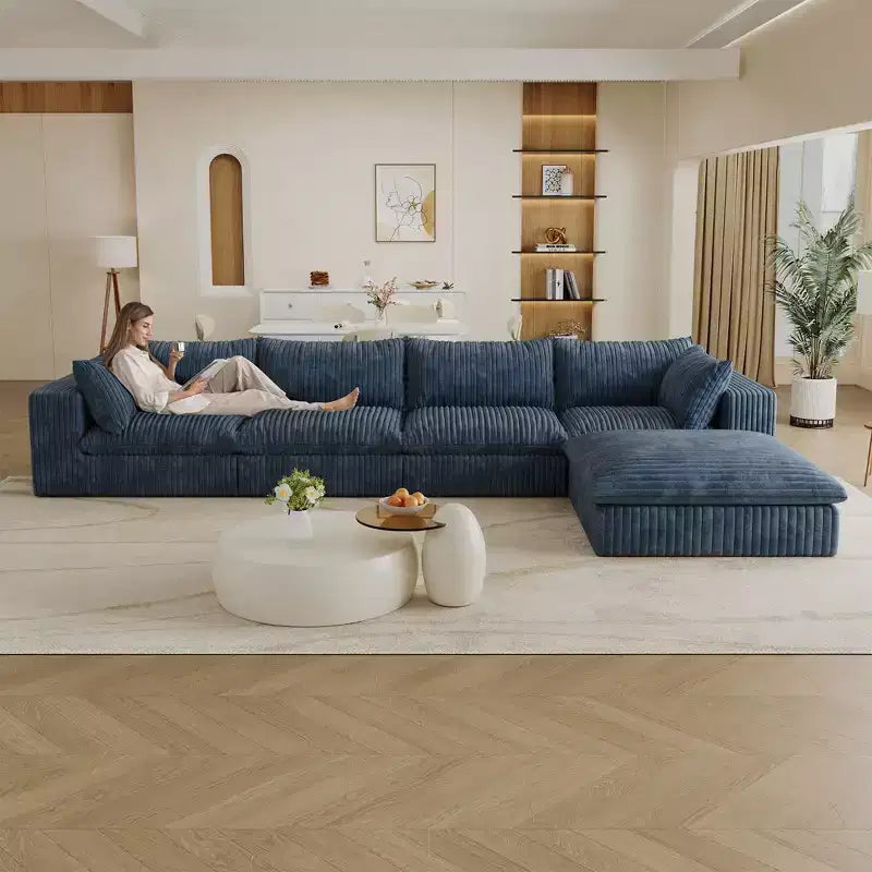 157.6 Divano Blue Cloud in Tessuto a Coste con Sedute Profonde e 1 Pouf, Design a Doppio Strato con Cuscino Rimovibile Combinazione Fai da Te Senza Montaggio