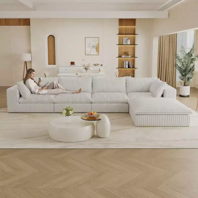 157.6 Divano Blue Cloud in Tessuto a Coste con Sedute Profonde e 1 Pouf, Design a Doppio Strato con Cuscino Rimovibile Combinazione Fai da Te Senza Montaggio