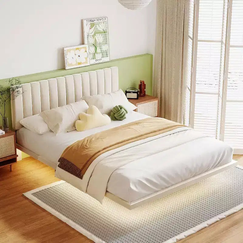 Acekool Moderno Letto Matrimoniale Queen Size Fluttuante con Luci Notturne a Sensore di Movimento, Piattaforma Imbottita, Senza Rumore, Beige