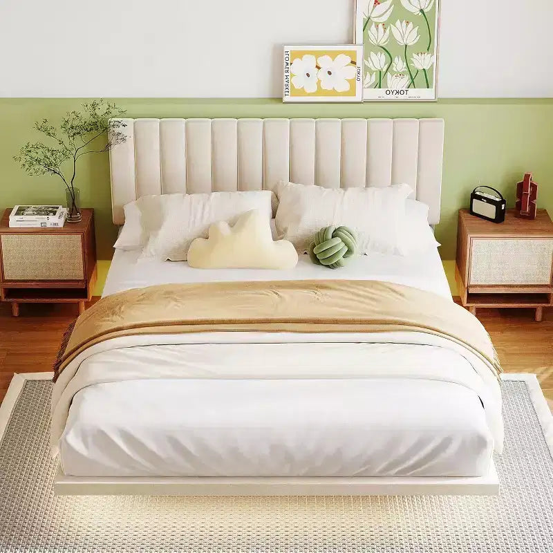 Acekool Moderno Letto Matrimoniale Queen Size Fluttuante con Luci Notturne a Sensore di Movimento, Piattaforma Imbottita, Senza Rumore, Beige