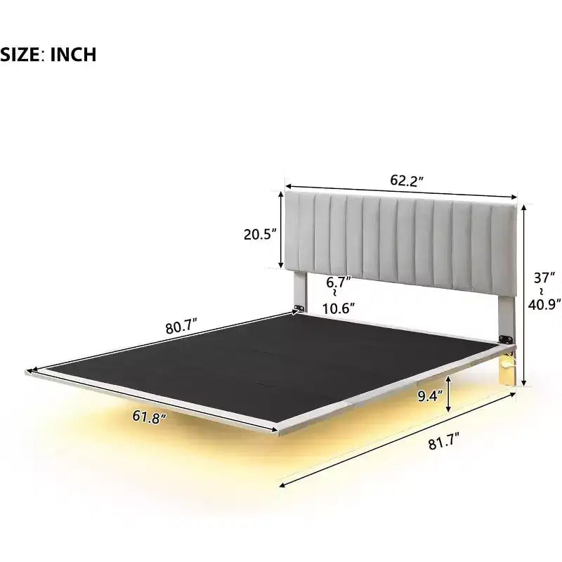 Acekool Moderno Letto Matrimoniale Queen Size Fluttuante con Luci Notturne a Sensore di Movimento, Piattaforma Imbottita, Senza Rumore, Beige
