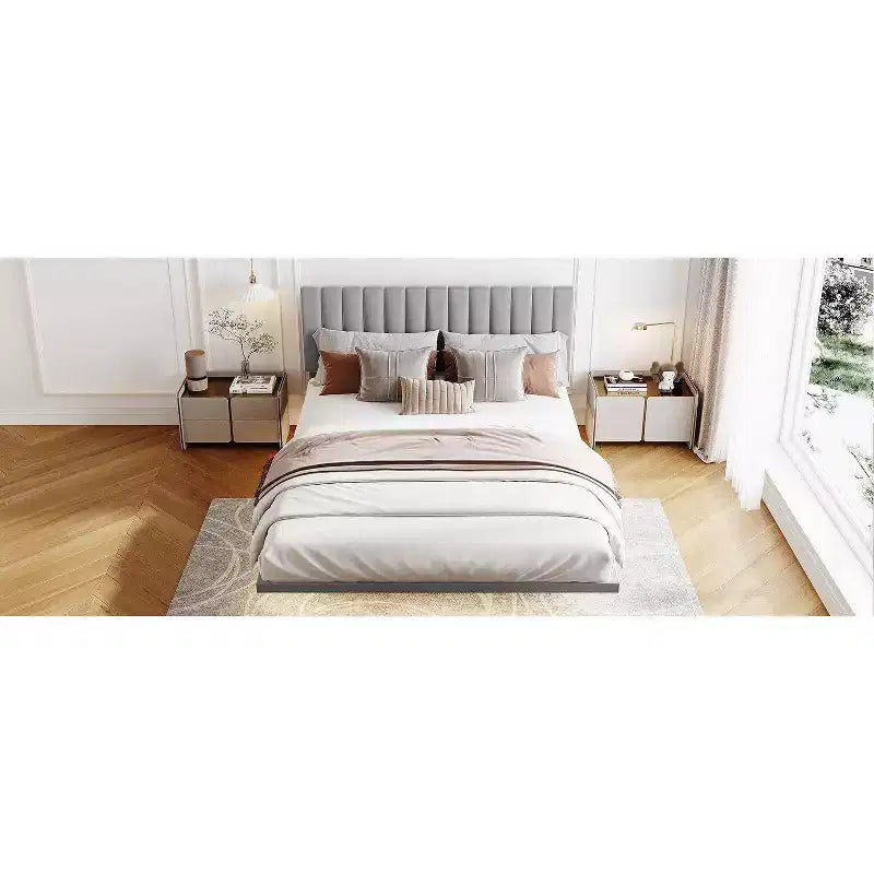 Acekool Moderno Letto Matrimoniale Queen Size Fluttuante con Luci Notturne a Sensore di Movimento, Piattaforma Imbottita, Senza Rumore, Beige