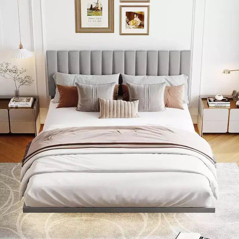 Acekool Moderno Letto Matrimoniale Queen Size Fluttuante con Luci Notturne a Sensore di Movimento, Piattaforma Imbottita, Senza Rumore, Beige
