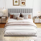 Acekool Moderno Letto Matrimoniale Queen Size Fluttuante con Luci Notturne a Sensore di Movimento, Piattaforma Imbottita, Senza Rumore, Beige