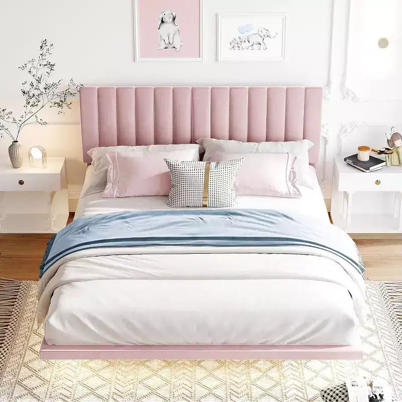 Acekool Moderno Letto Matrimoniale Queen Size Fluttuante con Luci Notturne a Sensore di Movimento, Piattaforma Imbottita, Senza Rumore, Beige
