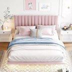 Acekool Moderno Letto Matrimoniale Queen Size Fluttuante con Luci Notturne a Sensore di Movimento, Piattaforma Imbottita, Senza Rumore, Beige