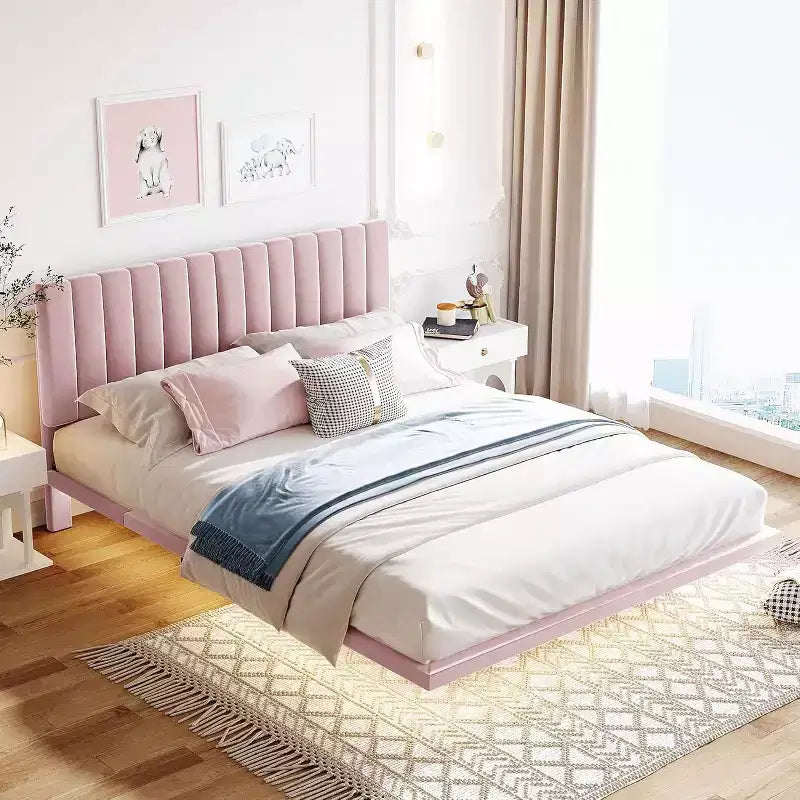 Acekool Moderno Letto Matrimoniale Queen Size Fluttuante con Luci Notturne a Sensore di Movimento, Piattaforma Imbottita, Senza Rumore, Beige